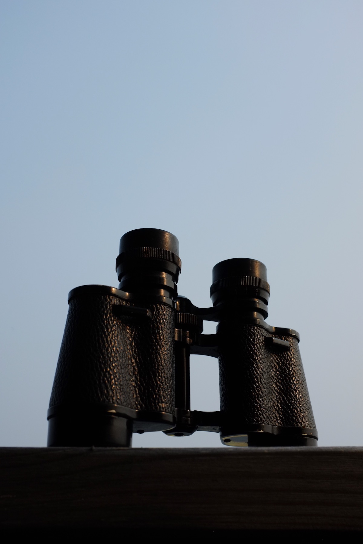 Old black binoculars sit on a railing with a clear sky behind. The pink setting sun catches reflections of the eyepieces and the texture of the vulcanite grip.