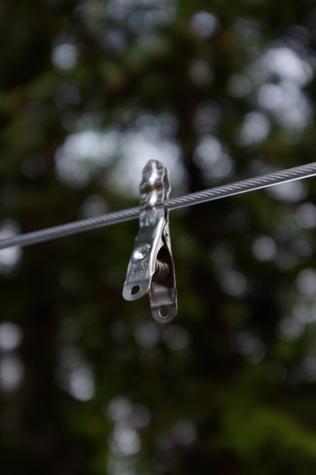 A stainless steel clothespeg with wavy metal jaws hangs on a clothesline in the woods.