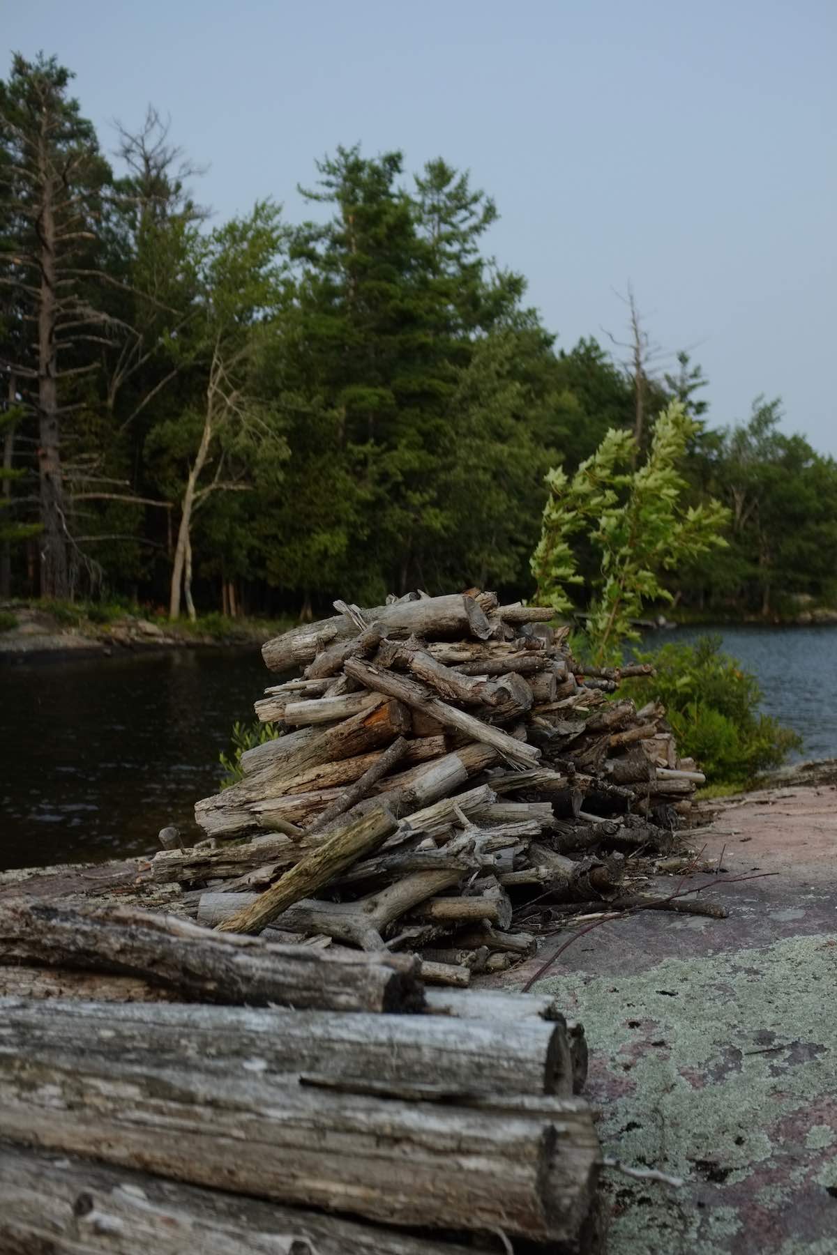 Stack of dry, bleached logs on a pink granite outcropping. Lake and trees in the background.